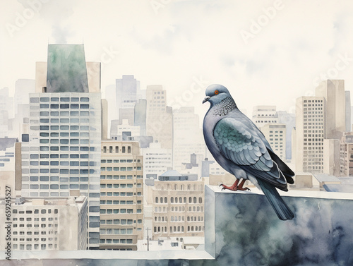 A Minimal Watercolor of a Pigeon on the Street of a Large Modern City