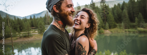 Young happy Scandinavian couple with tattoos laughing and hugging on the shore of a mountain lake