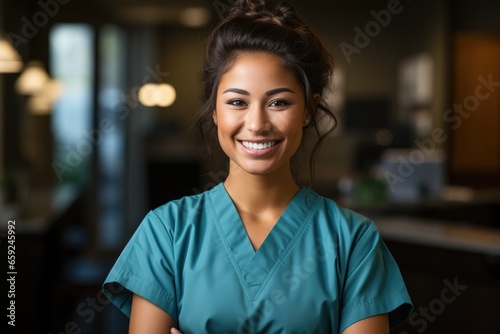 Caucasian nurse with crossed arms in blue clothes