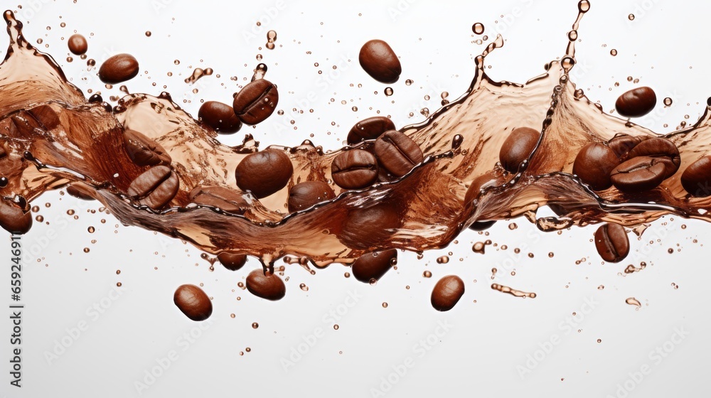An isolated white background shows a wave of coffee splashing with beans An isolated white background shows a wave of coffee splashing with beans