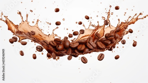 An isolated white background shows a wave of coffee splashing with beans