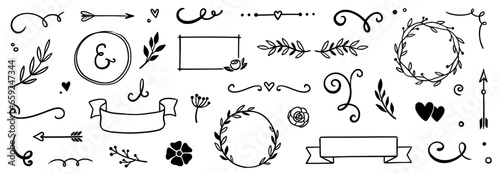 Flower frame, vintage ribbon vector element. Hand drawn doodle cute floral border, arrow, banner ribbon set. Wedding swirl element, floral frame, flower decorative element. Vector illustration