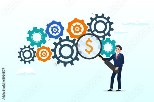 Businessman with magnifier dollar money from cog gear production, cost effective, reduce cost and time to maximize better quality result, optimize cost and expense for better profit strategy (Vector)