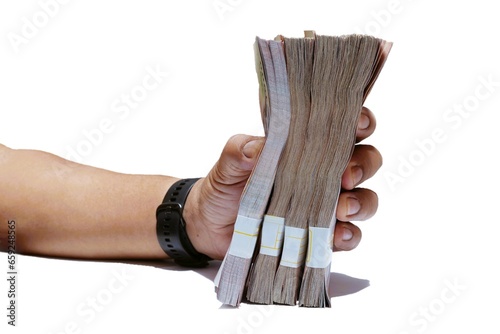 Hands holding banknotes on a white background