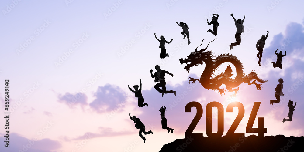 ドラゴンとジャンプする人々　2024年新年イメージ　令和六年年賀状素材