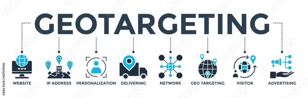 Geo targeting banner web icon vector illustration concept with icon of website, IP address, personalization, delivering, network, geo targeting, visitor, advertising