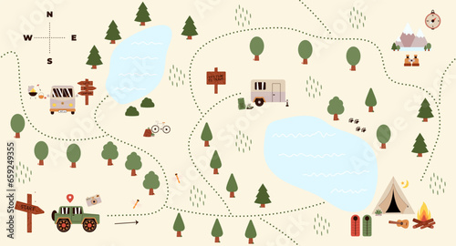 Seamless Pattern map of the forest Hiking and Camping. Nature digital paper for nursery room, textile, kids wallpaper. Children repeat background for fabric design. Vector illustration
