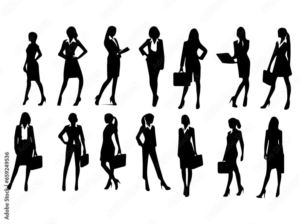 Fototapeta premium Business woman standing position pose vector a set of group black color silhouette