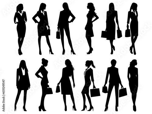 Business woman standing position pose vector a set of group black color silhouette