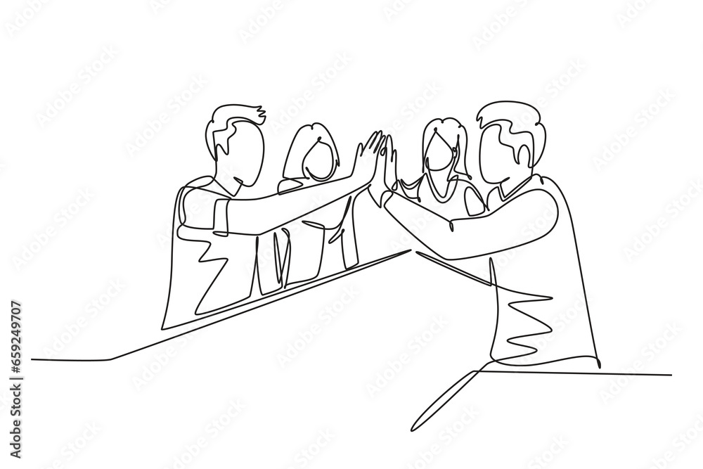 Single continuous line drawing of businessmen and businesswomen celebrating their successive goal at business meeting with high five gesture. Business deal. One line graphic design vector illustration