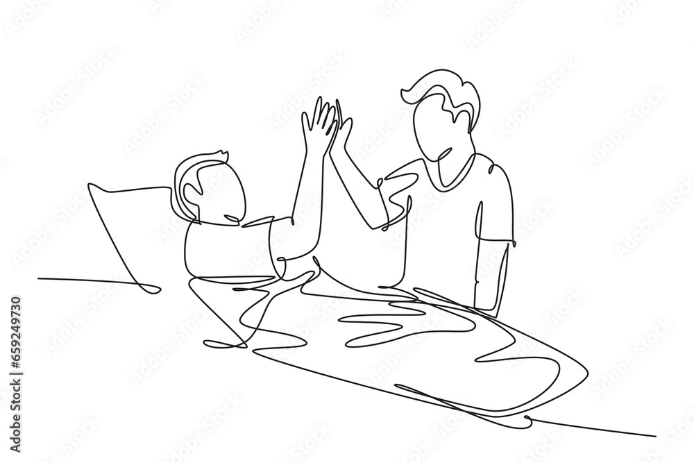 Single continuous line drawing son take care of sick father at hospital and should be take a bed rest and give high five gesture. Medical healthcare. One line draw graphic design vector illustration Single continuous line drawing son take care of sick father at hospital and should be take a bed rest and give high five gesture. Medical healthcare. One line draw graphic design vector illustration