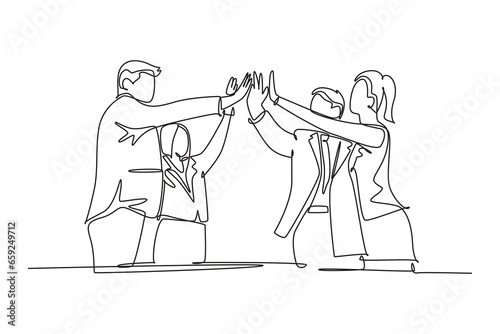 Single continuous line drawing of businessmen and businesswomen celebrating their successive goal at business meeting with high five gesture. Business deal. One line graphic design vector illustration