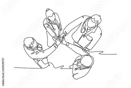 Single one line drawing group of businessmen and businesswomen celebrating their successive goal at the annual meeting with high five gesture. Continuous line draw design graphic vector illustration