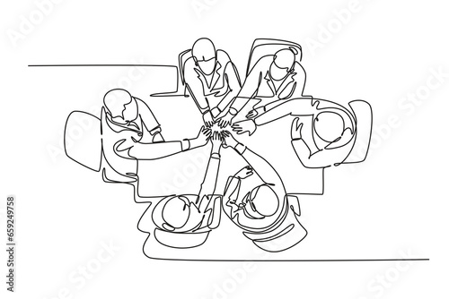 Single one line drawing of top view group of businessmen and businesswomen celebrating their successive goal at business meeting with high five gesture. Continuous line draw design vector illustration