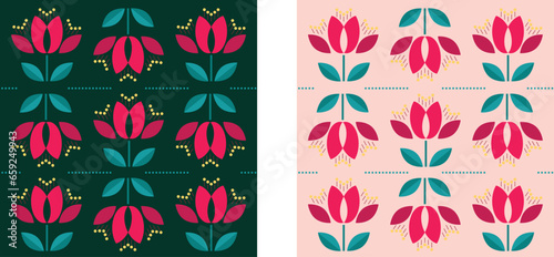 Gorgeous multicolored blooming flowers and lantern set. Summer, spring botanical flat vector illustration on colorful background. Seamless vector texture.