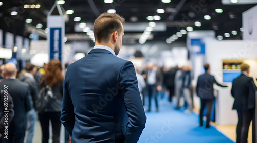 Back view of business executives standing in exhibition hall photo