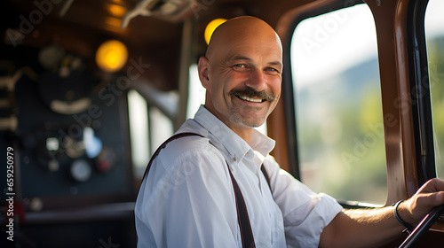 Fotografie, Obraz Portrait of rail steam train driver at work, slim bald train driver operating the controls of the vintage steam train
