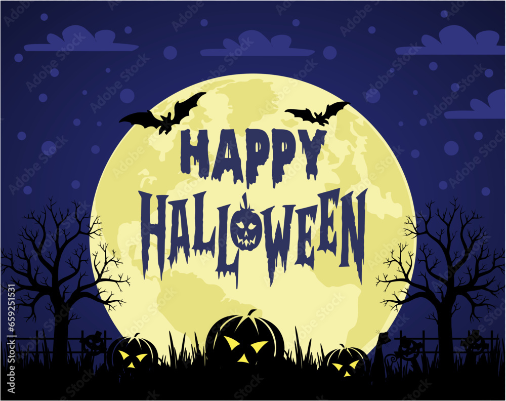 Happy Halloween banner template with halloween pumpkin and Halloween Elements on wood background