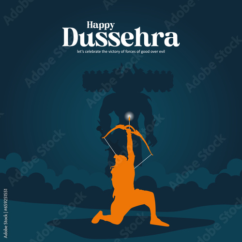 Lord rama killing ravana with ten heads in happy dussehra celebration background