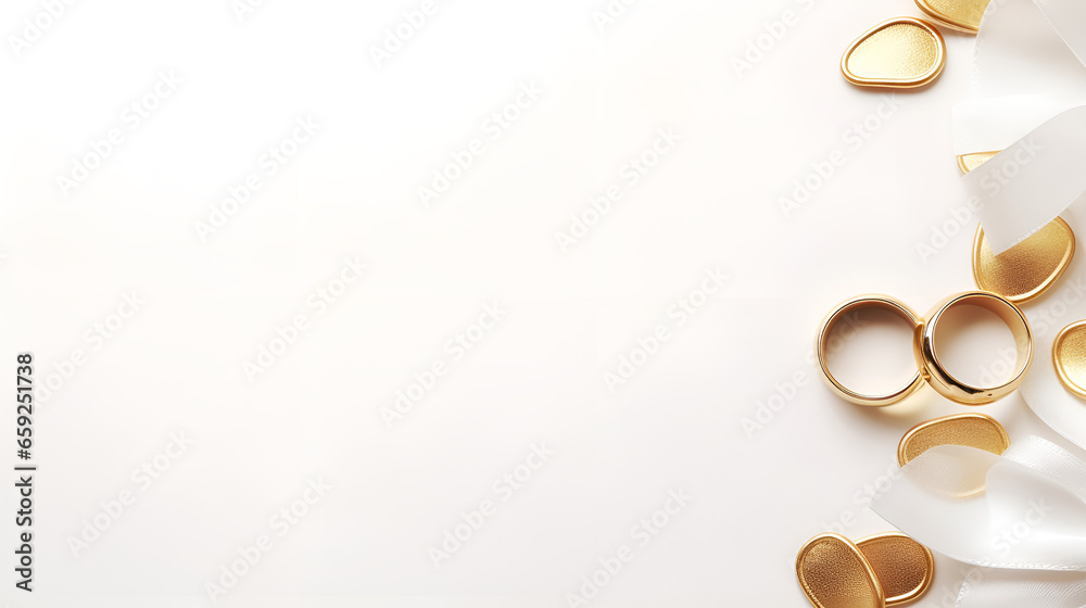rings on a white background, Woman stylish fashion accessories in gold color on white background with copy space for text. - obrazy, fototapety, plakaty 