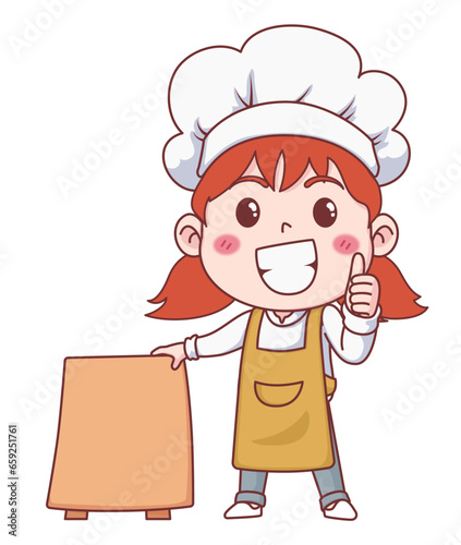 cute little girl in chef hat and apron giving thumb up and holding empty banner for copy space