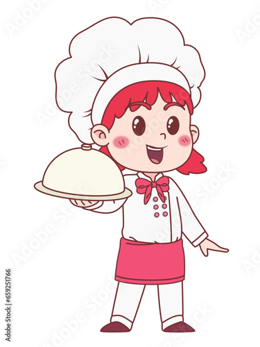 Cute little girl chef holding a silver tray