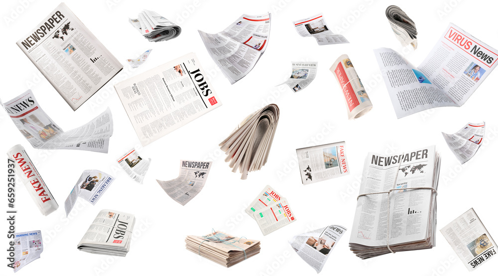 Set of many flying newspapers isolated on white - obrazy, fototapety, plakaty 