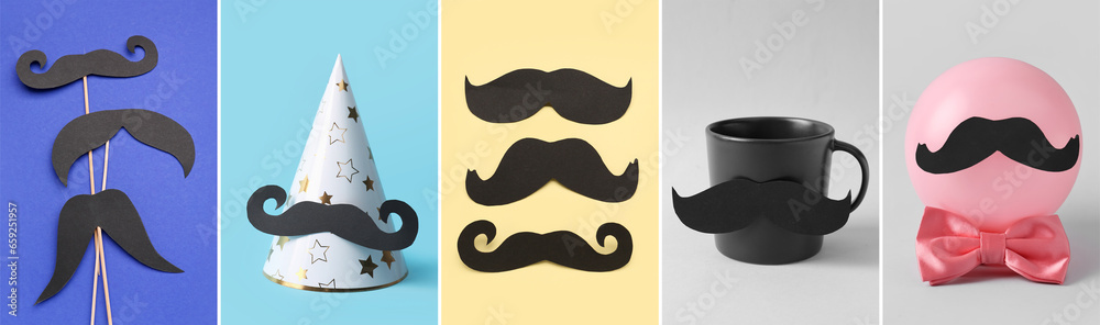 Collage of paper mustaches with cup, balloon, bow tie and party hat on color background Collage of paper mustaches with cup, balloon, bow tie and party hat on color background