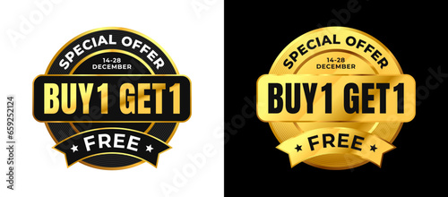 Premium golden label. Buy 1 get 1 free. elegant and  luxury, vector illustration