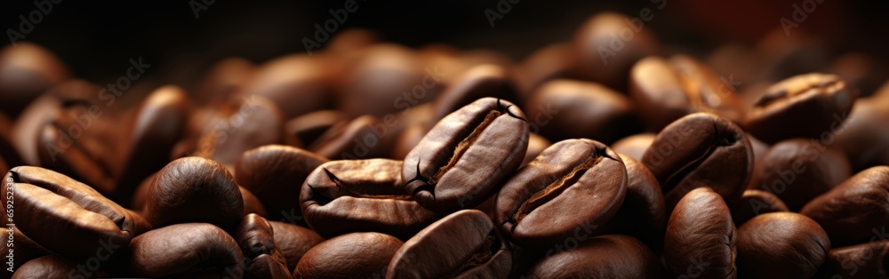 Freshly roasted coffee beans close up on a dark background. - obrazy, fototapety, plakaty 