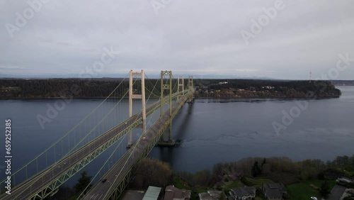 Wallpaper Mural Gloomy panorama over the Tacoma Narrows Bridge and Gig Harbor Washington, light traffic, aerial Torontodigital.ca