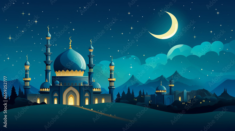 Amazing Islamic Cartoons with Mosque and Beautiful Natural Scene