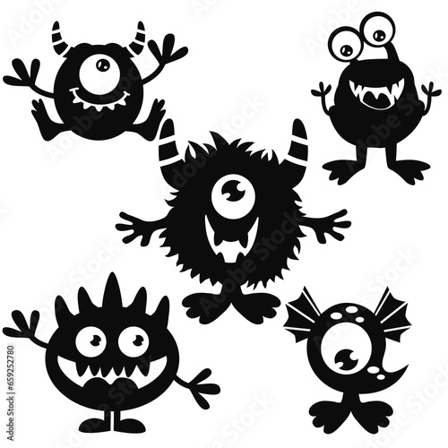 Cute little monsters silhouettes vector cartoon illustration