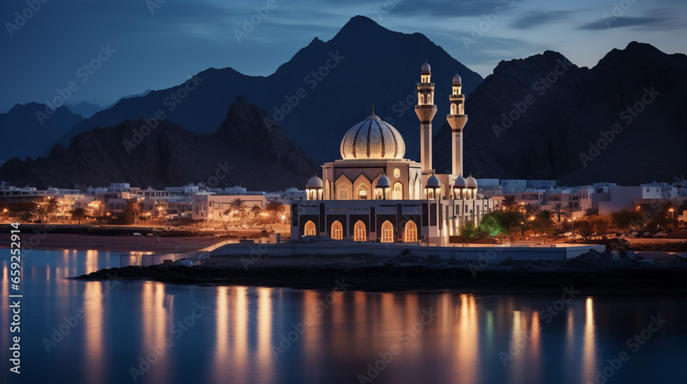 Muttrah Corniche Muscat Oman Mosque Background - obrazy, fototapety, plakaty 