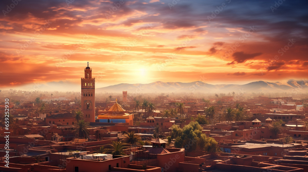 Beautiful Panoramic Sunset View of Marrakech and Old Medina - obrazy, fototapety, plakaty 