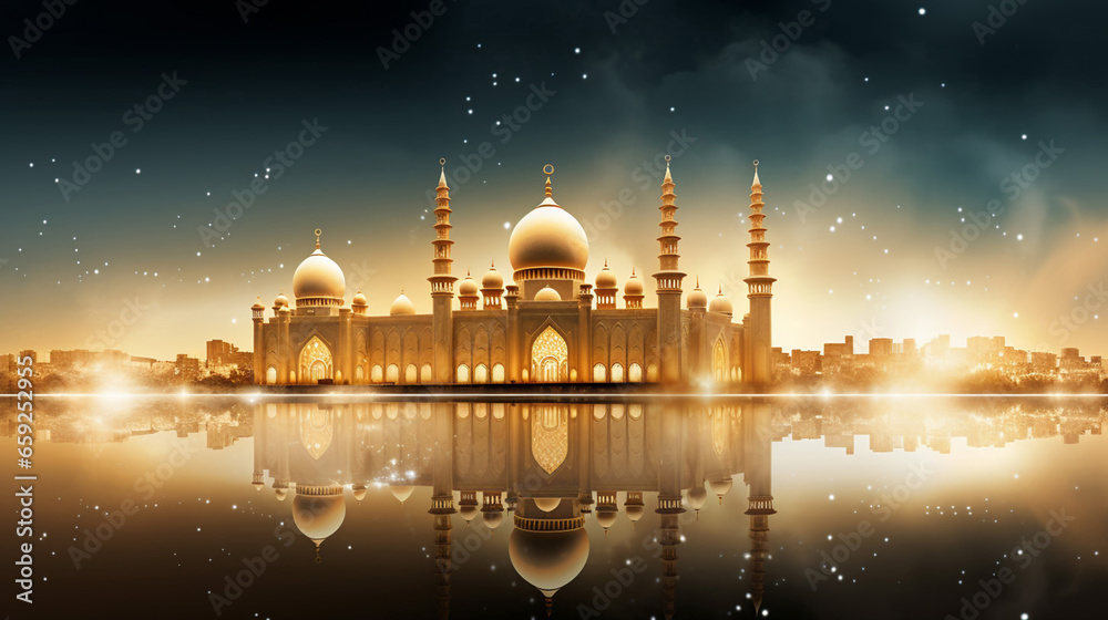 Ramadan Background with Golden Framing Mosque Background