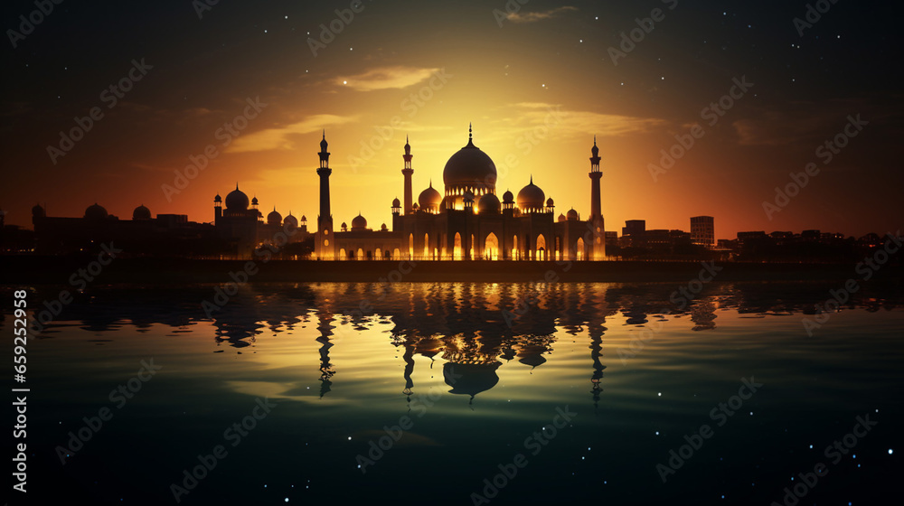 Ramadan Kareem Religious Background with Mosque Silhouette