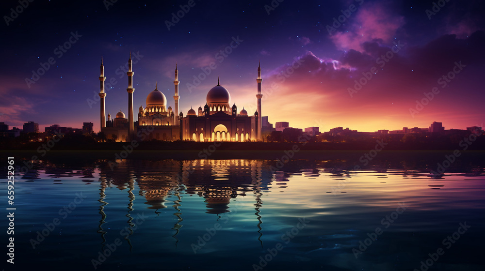 Beautiful Ramadan Kareem Religious Background with Mosque Silhou