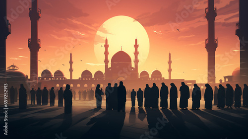 Muslim People in Front of Mosque Mosque Background