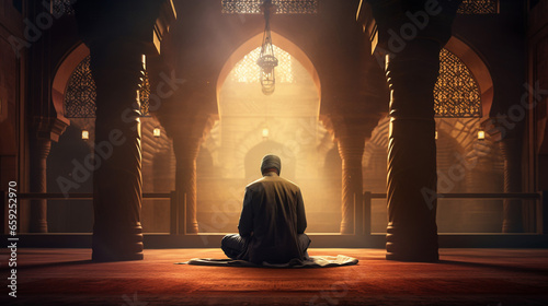 Religious Muslim Man Praying Inside the Mosque photo