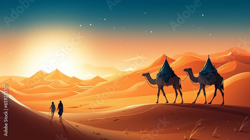 Beautiful Illustration group of Arab people with camels