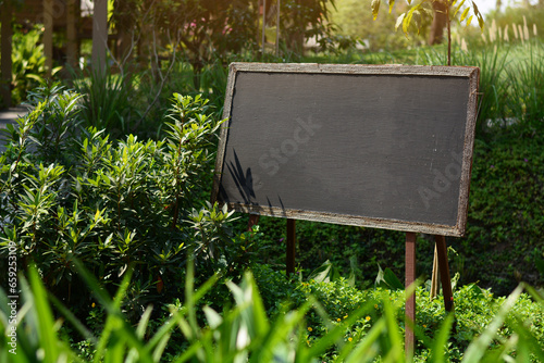 Wooden black board with space for text in the spring garden.