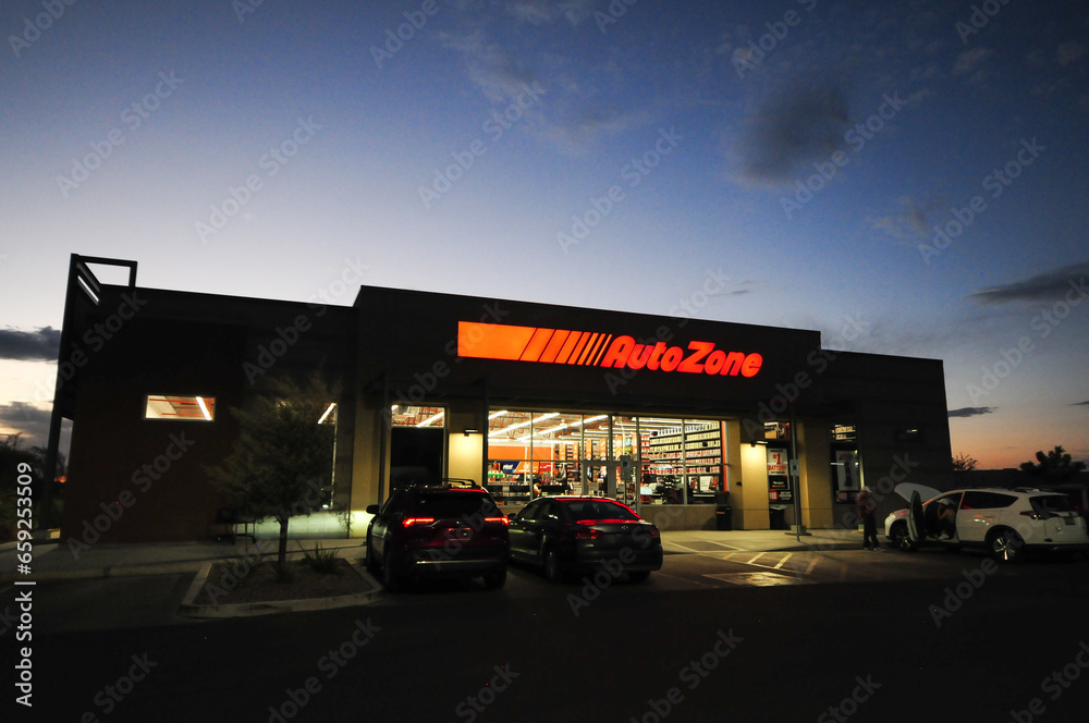 An exterior lowangled front view of an AutoZone auto parts store at