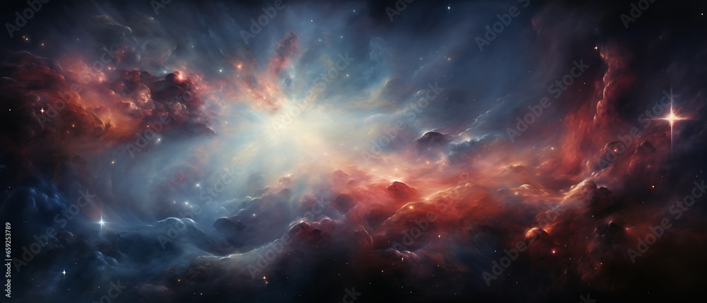 Obraz premium Abstract colorful wallpaper 21:9 , Galaxy design realistic image, AI-generated illustrations of colorful galaxies, supernovas, stars and planets in the universe.