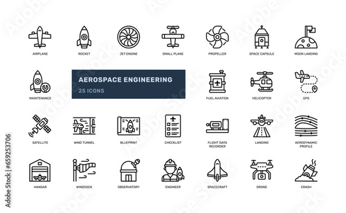 aerospace engineering aviation airplane space technology rocket detailed outline line icon set