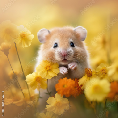 Serene Summer  A Hamster s Day Out in the Flower Field hamster and flowers hamster in the garden