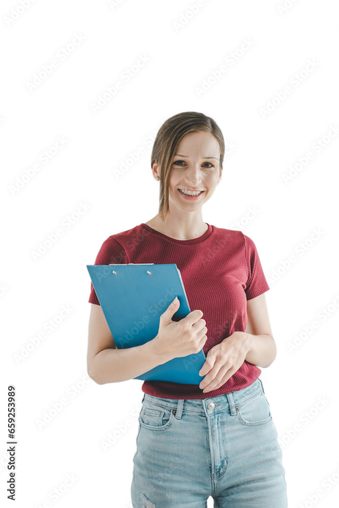 Young woman holding with clipboard isolated on white background. Young woman holding with clipboard isolated on white background.
