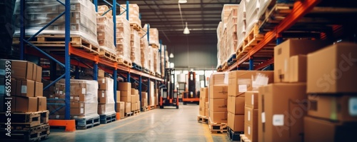 Warehouse with goods in cartons, with pallets and forklifts. Logistics and transportation blurred background. Product distribution center.