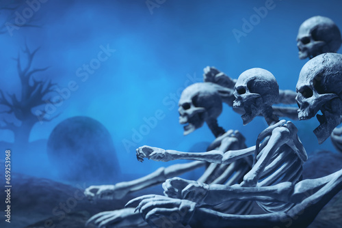 Group of human skeleton on graveyard cemetery with fog or smoke background