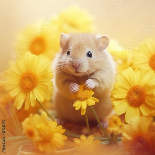 Serene Summer: A Hamster's Day Out in the Flower Field,hamster and flowers,hamster in the garden
